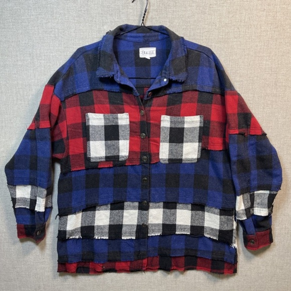 Oli & Hali Oversized Plaid Patchwork Frayed Shacket Red Blue Buffalo Check‎ Med